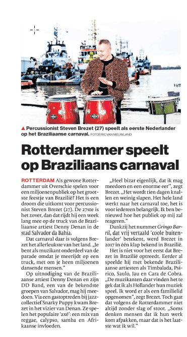 Publicatie Steven Brezet, AD Rotterdams Dagblad "Rotterdammer speelt op Braziliaans carnaval 23-01-2019