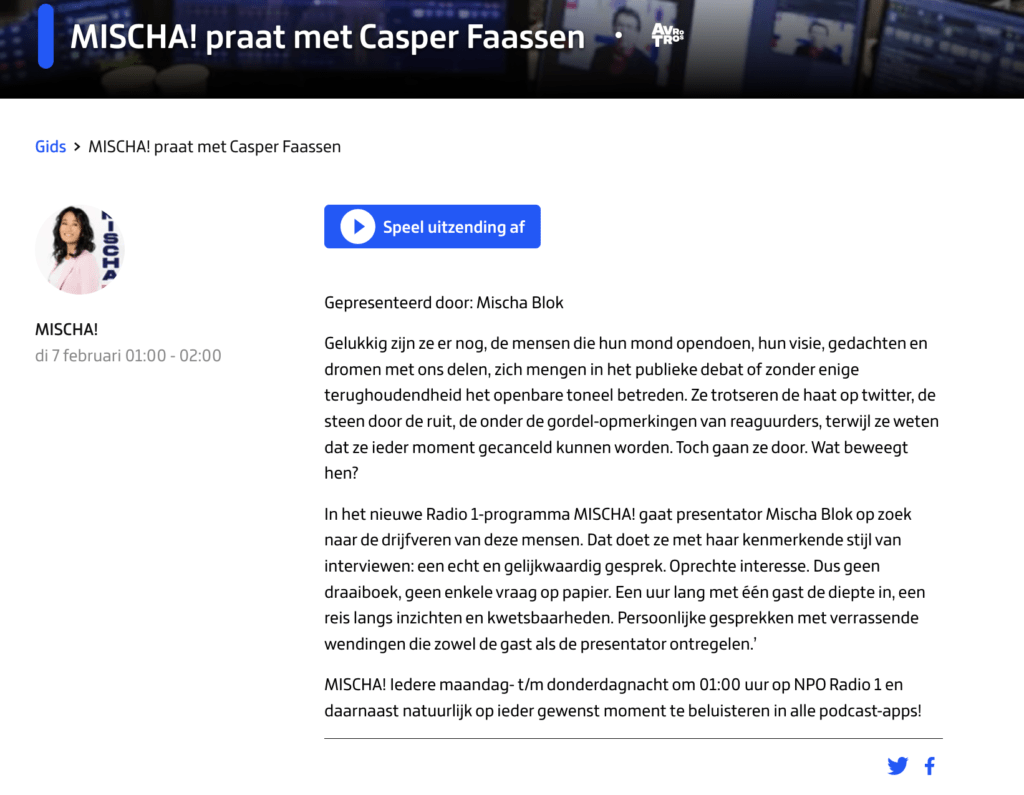 MISCHA! praat met Casper Faassen, NPO Radio 1